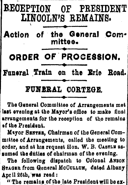 Reception of President Lincoln's Remains, Plain Dealer newspaper article 27 April 1865