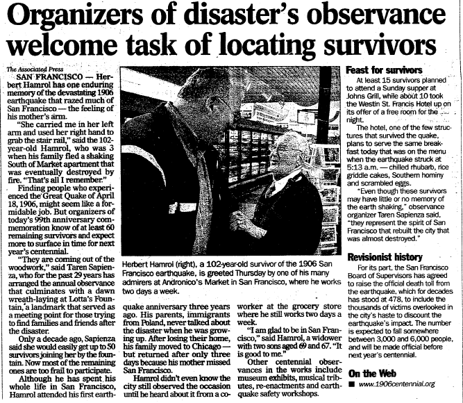 article about the survivors of the 1906 San Francisco earthquake, Register Star newspaper article 18 April 2005