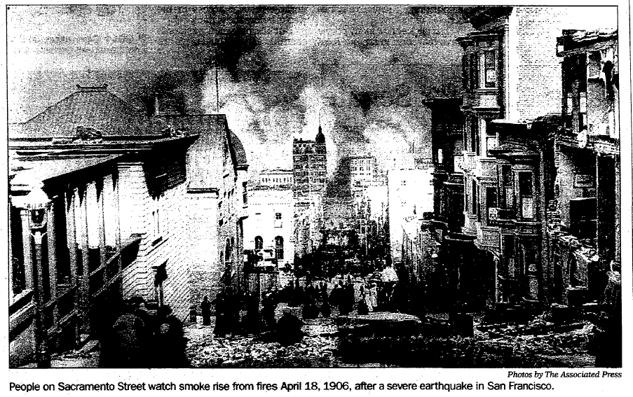 photo of the fires raging after the 1906 San Francisco earthquake, Register Star newspaper article 18 April 2005