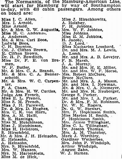 passenger list from the ship Normannia, New York Tribune newspaper article 18 July 1895