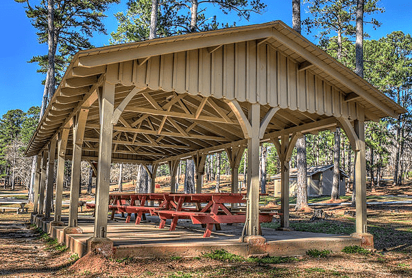 Photo: picnic shelter at Indian Springs State Park, Georgia. Credit: Dsdugan; Wikimedia Commons.