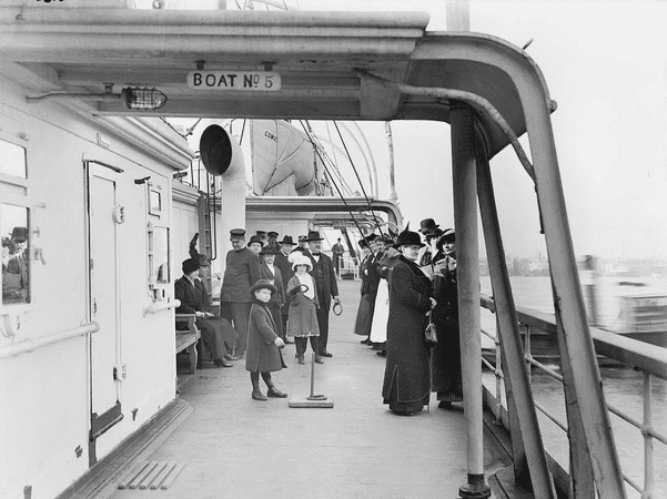 Photo: passengers on the deck of the steamship Comus. Credit: Library of Congress.