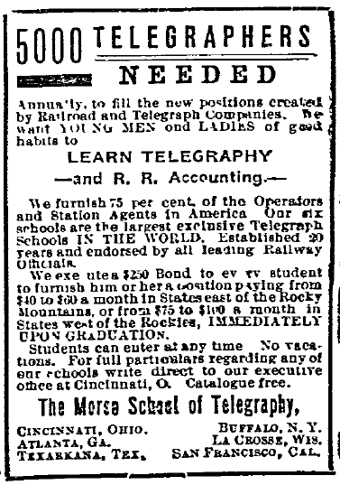 ad offering employment to telegraphers, Morning Olympian newspaper advertisement 2 August 1905