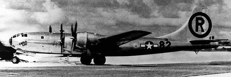 photo of the World War II bomber Enola Gay after the Hiroshima mission