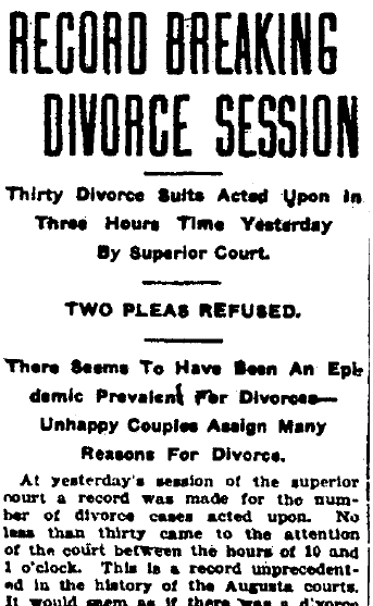 Record Breaking Divorce Session, Augusta Chronicle newspaper article 29 October 1905