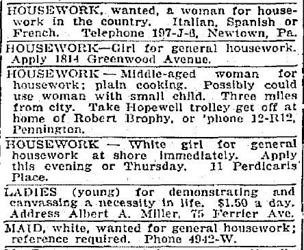 help wanted-female ads, Trenton Evening Times newspaper advertisements 13 July 1921