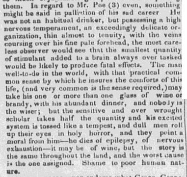 article about Edgar Allan Poe, Portland Daily Advertiser newspaper article 20 October 1849