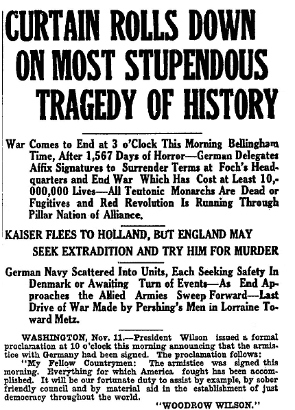 article about the armistice ending World War I, Bellingham Herald newspaper article 11 November 1918