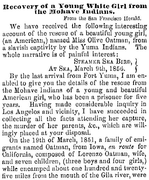 article about Olive Oatman's rescue from Indian captivity, Plain Dealer newspaper article 21 April 1856