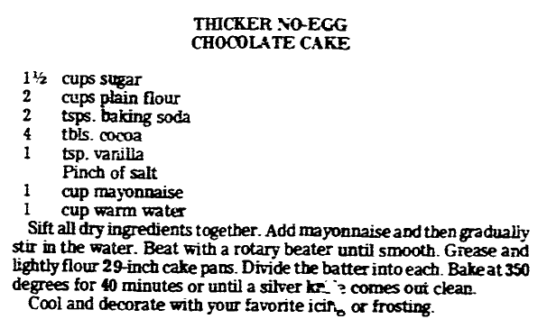 recipe for chocolate cake, Advocate newspaper article 10 February 1977