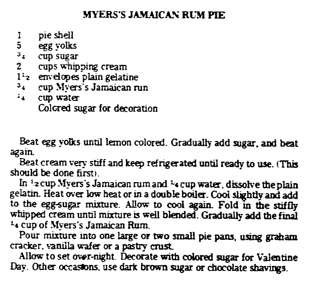 recipe for Jamaican rum pie, Advocate newspaper article 10 February 1977