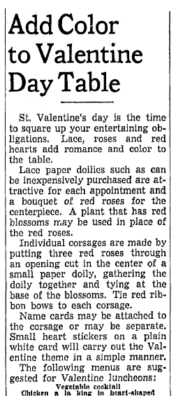 Add Color to Valentine's Day Table, Omaha World Herald newspaper article 31 January 1941
