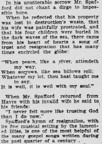 article about Horatio Spafford writing the hymn "It Is Well with My Soul," Worcester Daily Spy newspaper article 6 November 1902