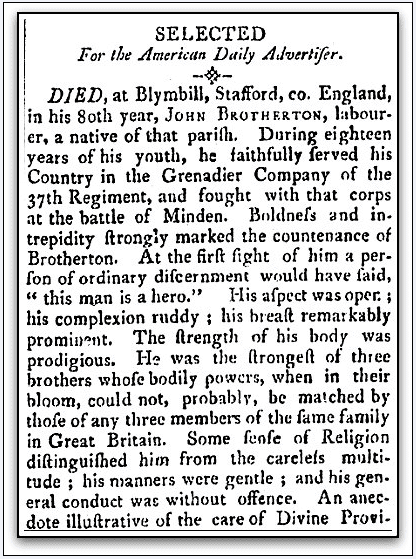 obituary for John Brotherton, Hampshire Gazette newspaper article 22 November 1809
