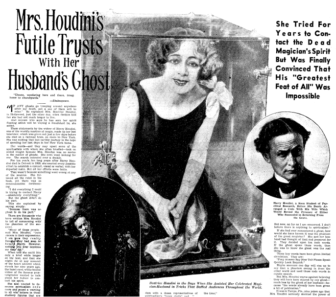 Mrs. Houdini's Futile Trysts with Her Husband's Ghost, Oregonian newspaper article 7 March 1943