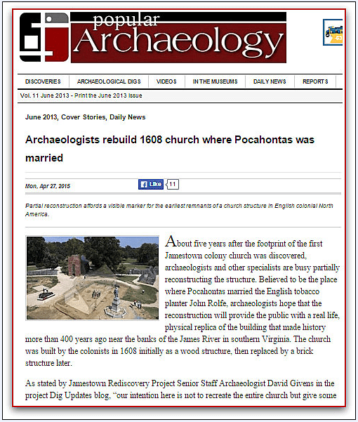 article about Pocahontas in the magazine Popular Archaeology
