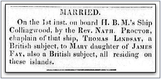 wedding announcement for Thomas Lindsay and Mary Fay, Sandwich Island News newspaper article 9 September 1846