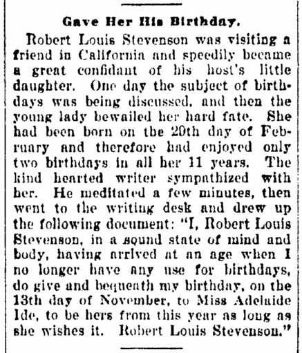 article about Robert Louis Stevenson, Daily Illinois State Register newspaper article 3 June 1900