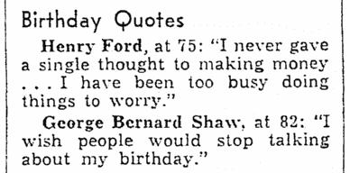 article about birthdays, Evansville Courier and Press newspaper article 31 July 1938