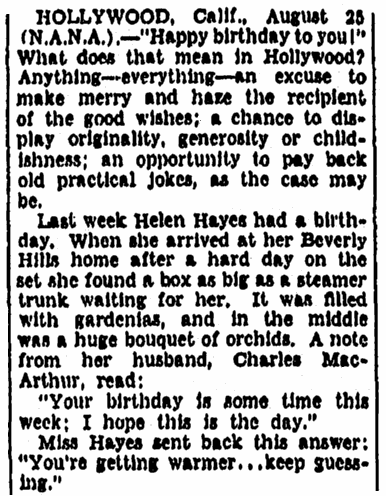 article sur les anniversaires à Hollywood, article du journal Evening Star 26 août 1934