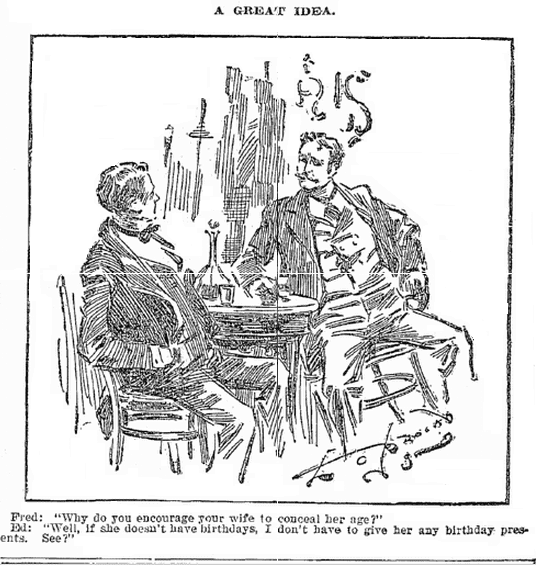 cartoon about birthday gifts, Plain Dealer newspaper cartoon 19.4.1896