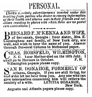 personal ads, Daily National Republican newspaper advertisements 28 August 1863