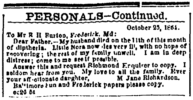 personal ad to Mr. Burton, Richmond Enquirer newspaper advertisement 27 October 1864
