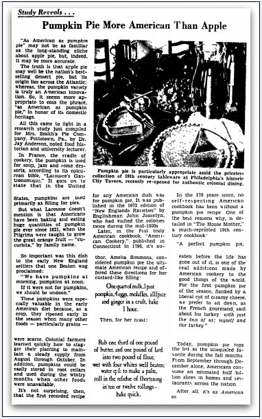 Pumpkin Pie More American than Apple, Chicago Metro News newspaper article 8 September 1977
