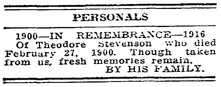 personal ad in remembrance of Theodore Stevenson, Patriot newspaper advertisement 6 March 1916