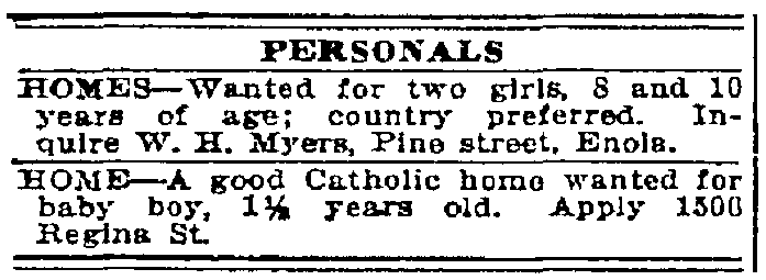 home wanted personal ads, Patriot newspaper advertisements 18 August 1919