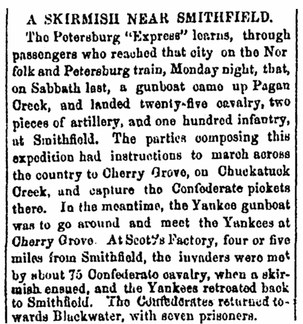 article about a Civil War skirmish near Smithfield, Virginia, Richmond Enquirer newspaper article 3 February 1864