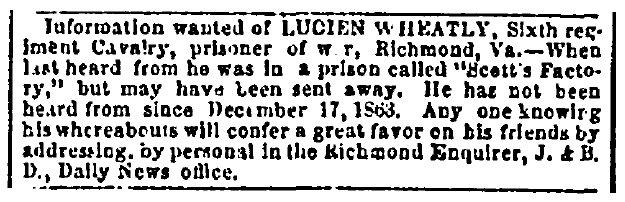 missing person ad for Union soldier Lucien Wheatly, Richmond Enquirer newspaper advertisement 30 May 1864