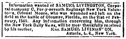 missing person ad for Union soldier Samuel Livingston, Richmond Enquirer newspaper advertisement 30 May 1864