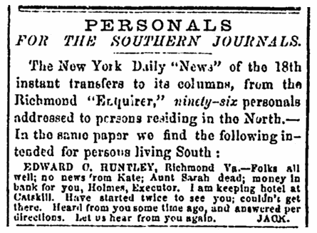 Civil War missing person ads, Richmond Enquirer newspaper advertisements 30 May 1864