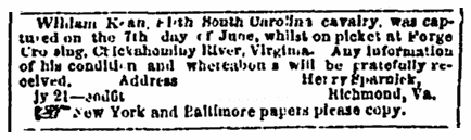 missing person ad for Confederate soldier William Kean, Richmond Enquirer newspaper advertisement 23 July 1864