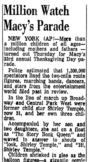 article about Macy's Thanksgiving Day Parade, Advocate newspaper article 27 November 1959