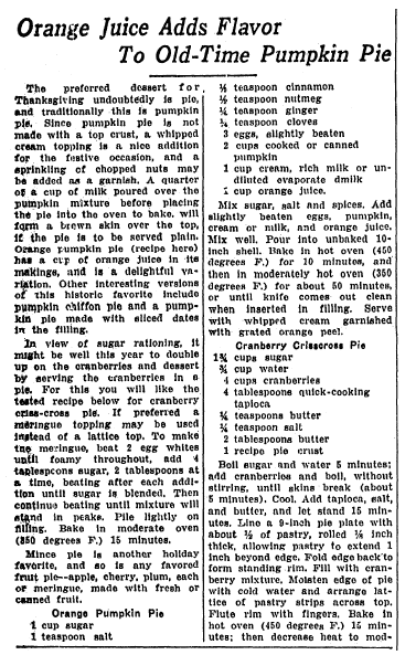 article about a pumpkin pie recipe, Advocate newspaper article 4 December 1942