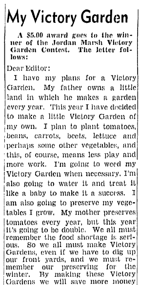 essay about WWII Victory Gardens, Boston Herald newspaper article 23 May 1943