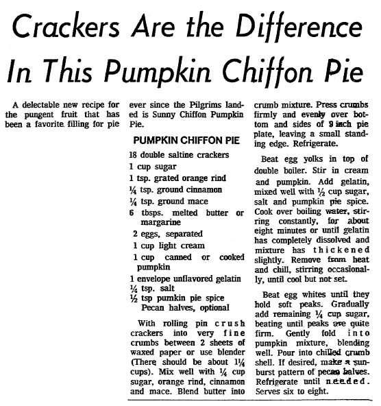 article about a pumpkin chiffon pie recipe, Boston Herald newspaper article 16 November 1972