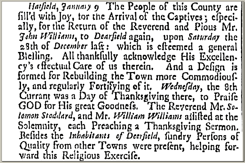 article about a proclamation for a Day of Thanksgiving, Boston News-Letter newspaper article 20 January 1707