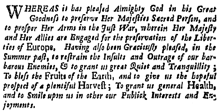 article about a proclamation for a Day of Thanksgiving, Boston News-Letter newspaper article 1 October 1705