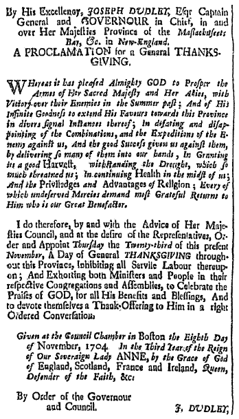 an article about a proclamation for a Day of Thanksgiving, Boston News-Letter newspaper article 13 November 1704