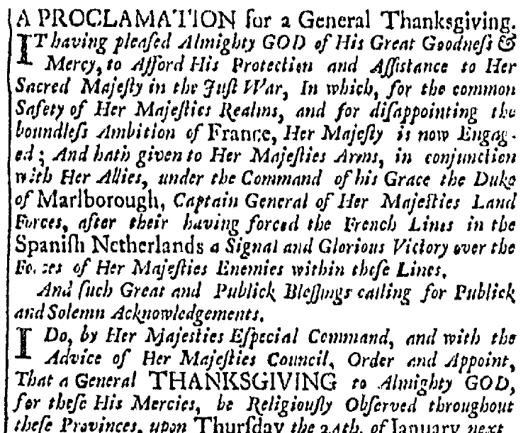 article about a proclamation for a Day of Thanksgiving, Boston News-Letter newspaper article 31 December 1705