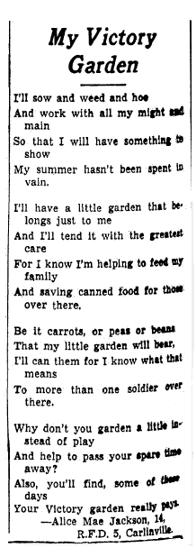 WWII Victory Garden poem, Daily Illinois State Journal newspaper article 5 September 1943