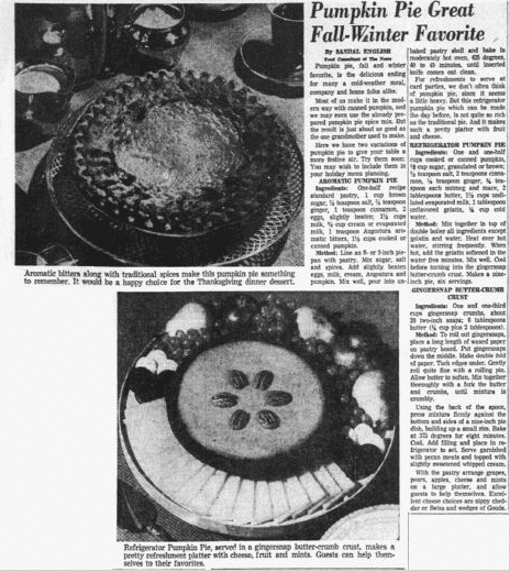 article about pumpkin pie recipes, Dallas Morning News newspaper article 1 November 1953