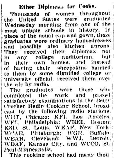 article about the Betty Crocker cooking school, Evening Star newspaper article 24 January 1926