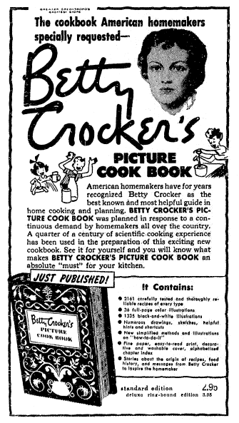 ad for a Betty Crocker cookbook, Greensboro Daily News newspaper article 29 November 1950