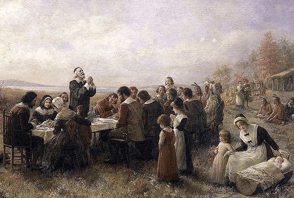Illustration: "The First Thanksgiving at Plymouth," by Jennie A. Brownscombe, 1914. Credit: Stedelijk Museum De Lakenhal; Wikimedia Commons.