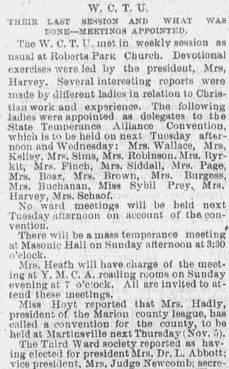 article about members and meetings of the WCTU, Indianapolis Sentinel newspaper article 31 October 1874