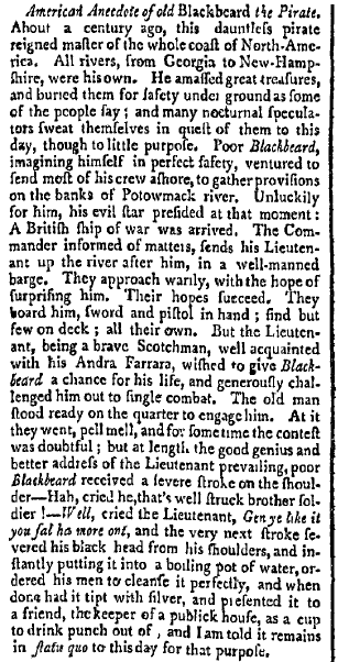 article about the pirate Blackbeard, Massachusetts Centinel newspaper article 26 August 1789